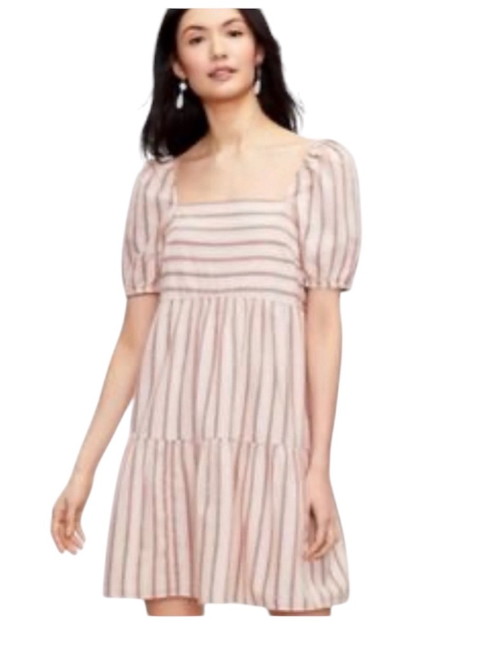 Women’s Loft Pink Striped Babydoll Dress Puff Sleeve Square Neck size 8